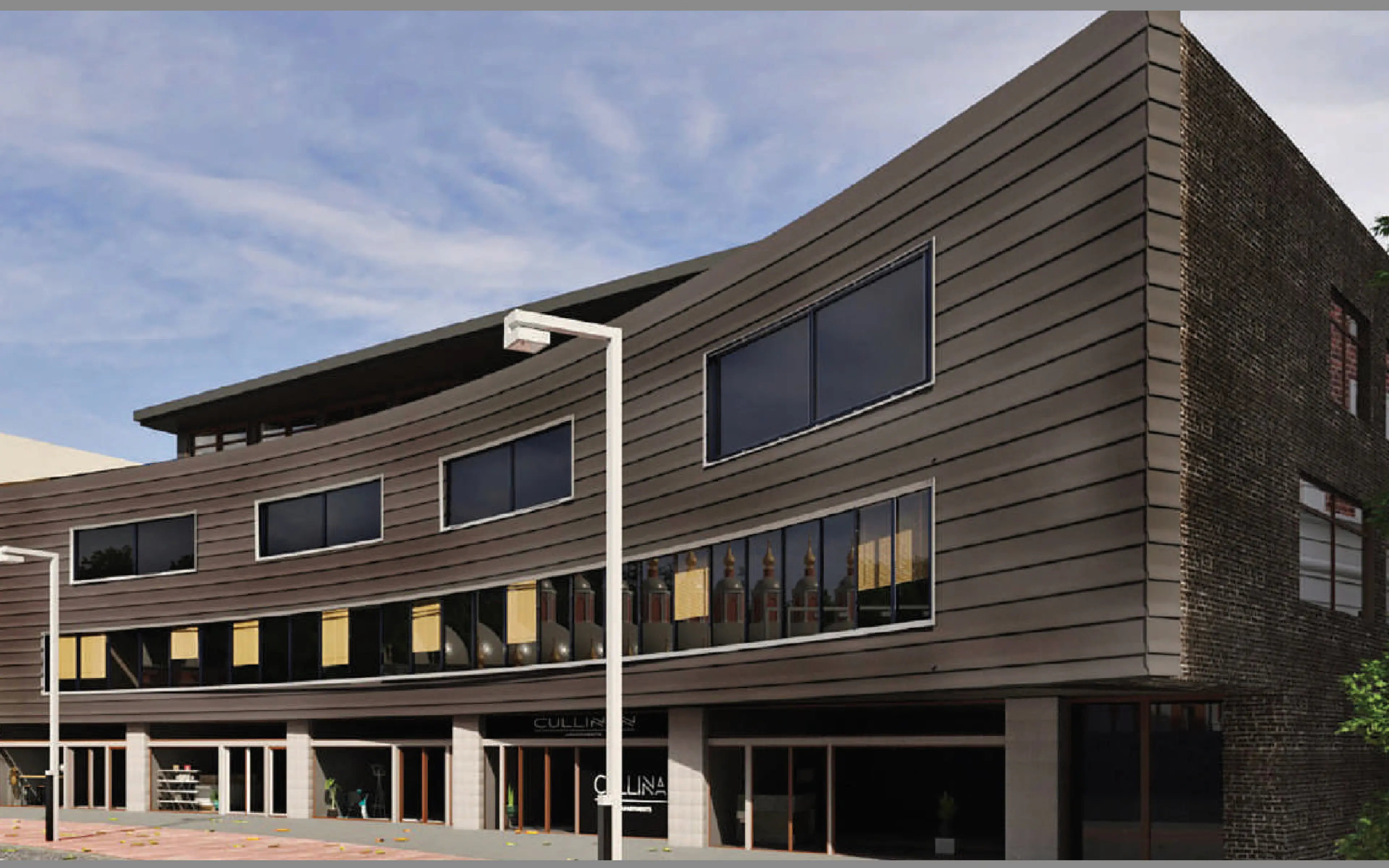 Modern building in a industrial style with brown facade