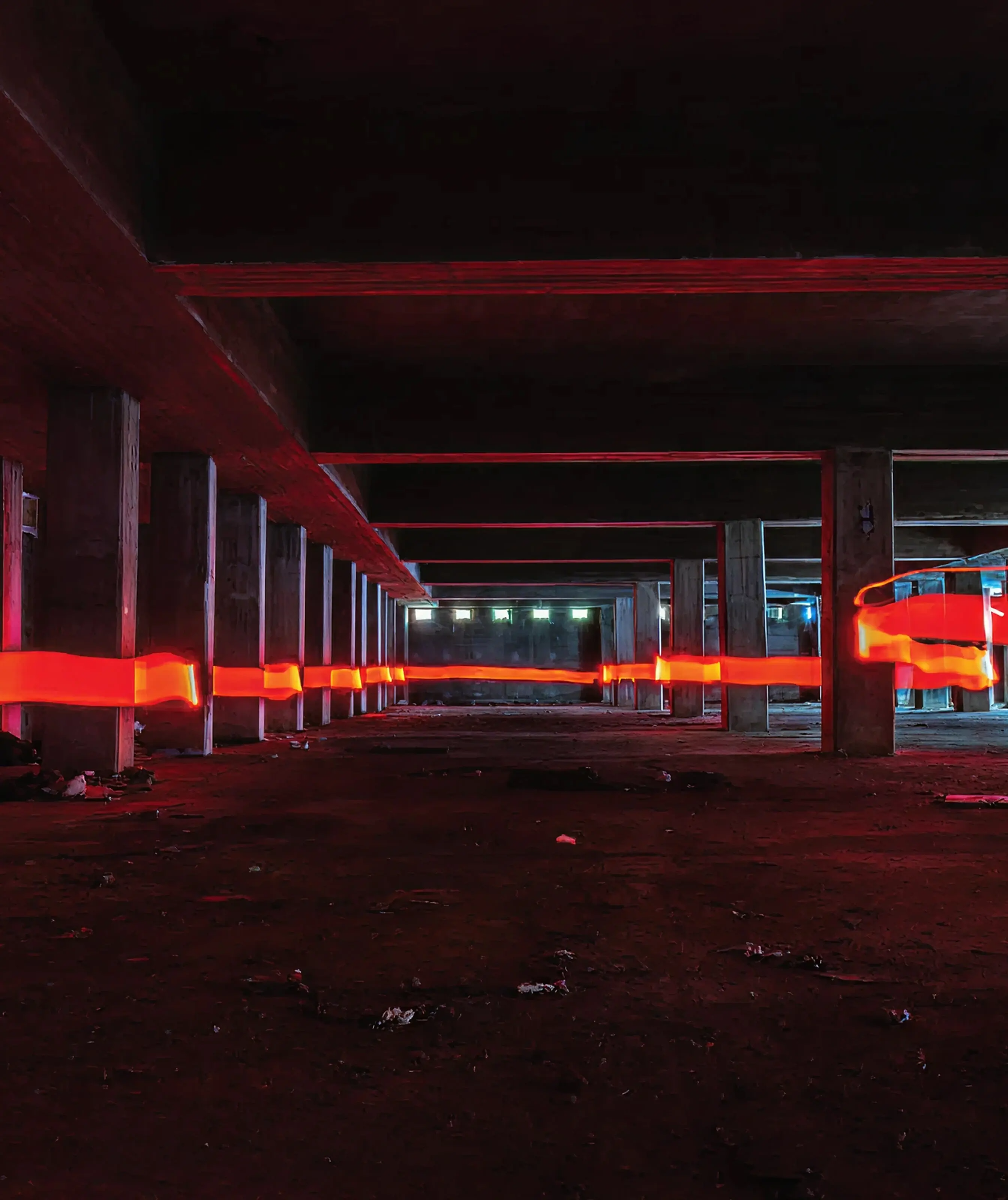 Dark concrete basement structure highlighted by dynamic red light trails in an urban art scene.