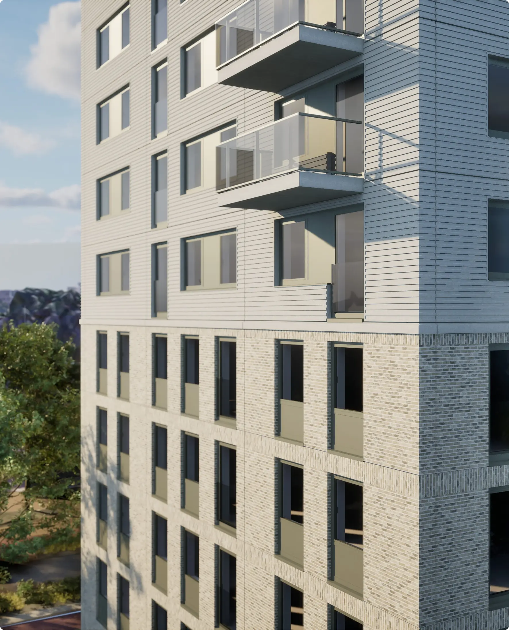 A modern residential building with brick facade