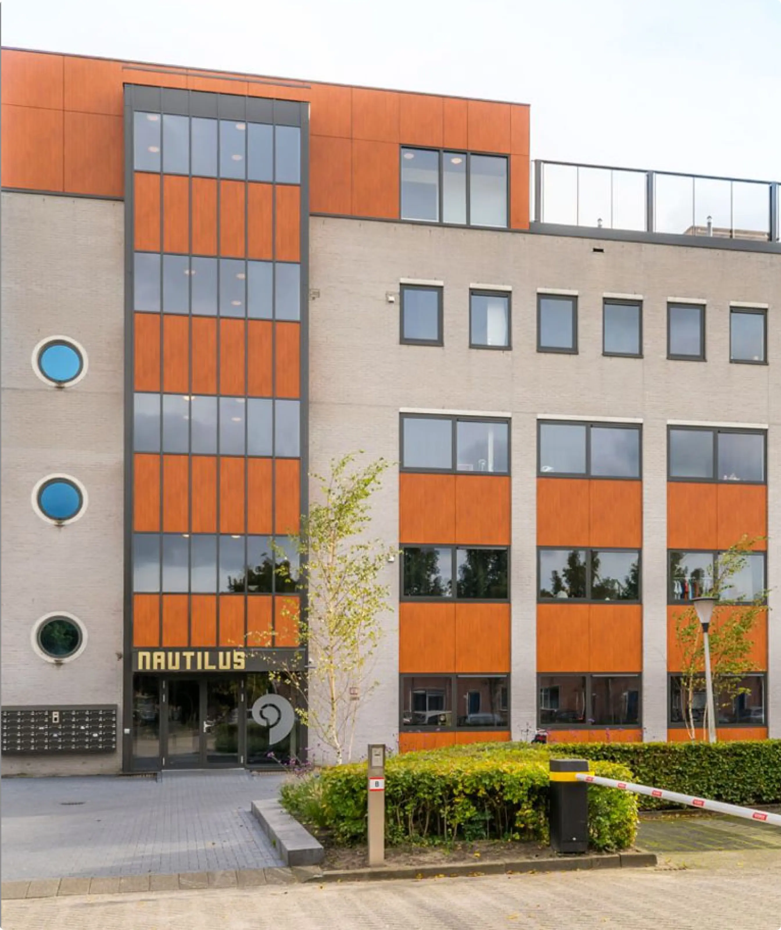 A office building with orange accents 